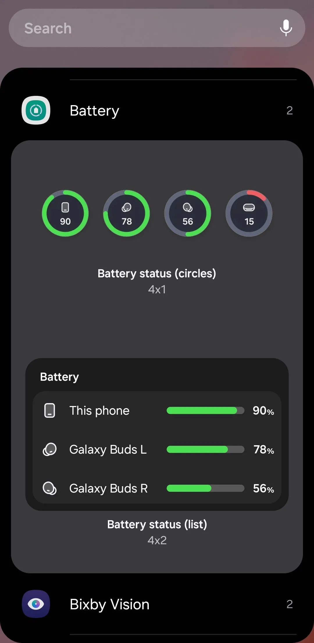 Widget pin trên điện thoại Samsung hiển thị phần trăm pin của điện thoại, Galaxy Buds2 và Galaxy Watch