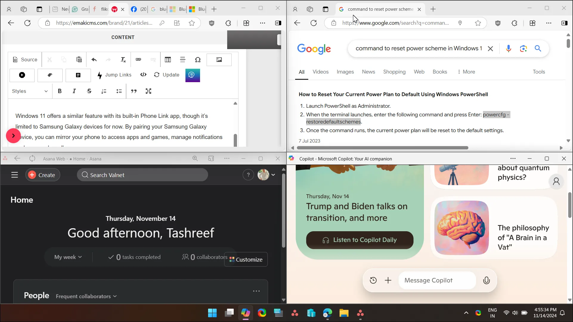 Windows 11 Snap Layouts với bốn cửa sổ ứng dụng sắp xếp chiếm mỗi phần tư màn hình