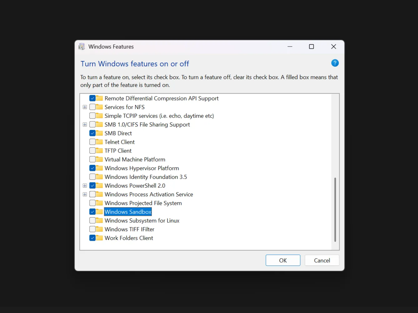 Windows Sandbox được đánh dấu đã bật trong cửa sổ Windows Features