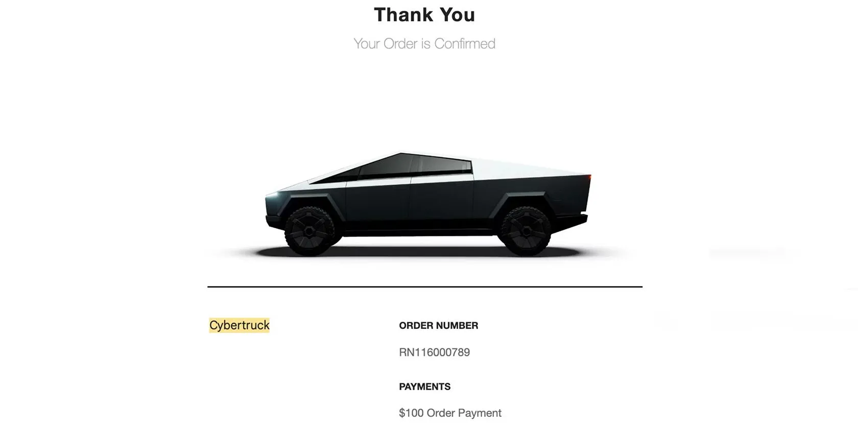Xác nhận đặt hàng Tesla Cybertruck trên màn hình điện thoại di động