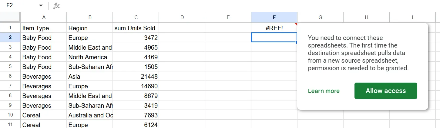 Yêu cầu cấp quyền truy cập để hàm QUERY trong Google Sheets có thể lấy dữ liệu từ một bảng tính Google Sheet bên ngoài.